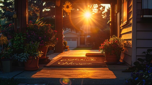 a sunlit porch with flowers and a sign saying  brunch