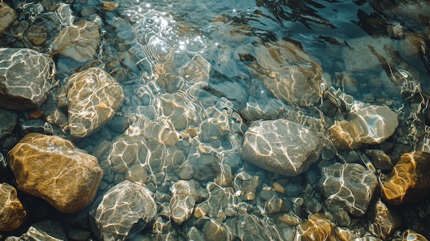 Sunlit Riverbed with Smooth Rounded Rocks