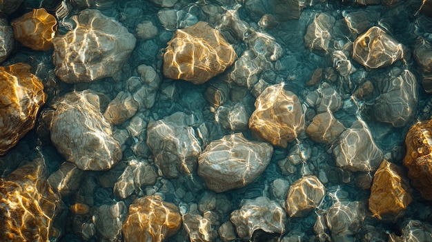 Sunlit Riverbed With Smooth Rounded Stones