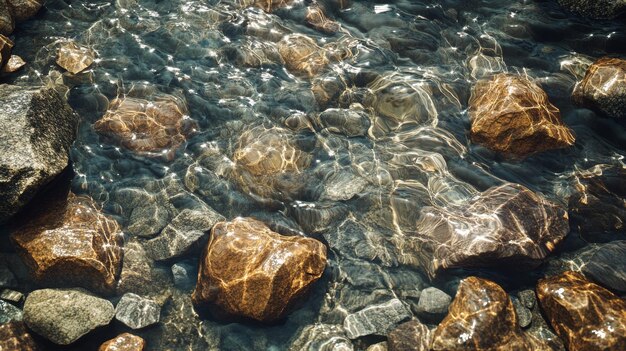 Sunlit Riverbed with Smooth Stones and Clear Water