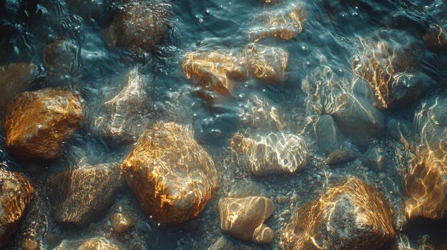 Sunlit Riverbed With Smooth Stones and Clear Water