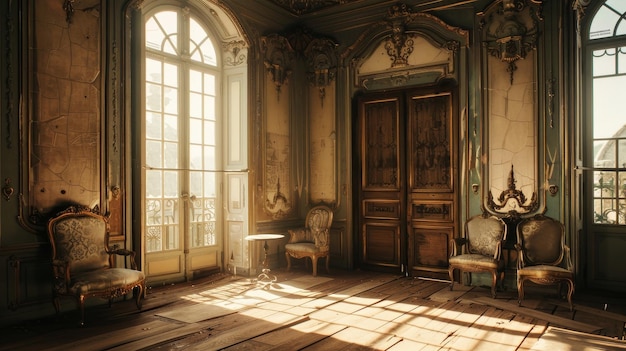 A sunlit room in an abandoned building filled with dust and forg