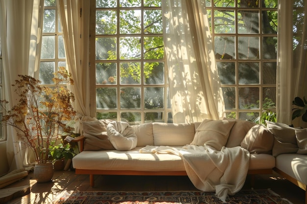 Sunlit Room with Cozy Couch and Soft Furnishings Perfect Relaxation Spot