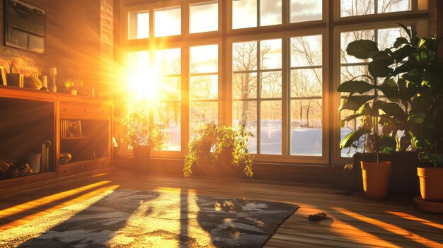 Photo a sunlit room with a plant and a window with the sun shining through it