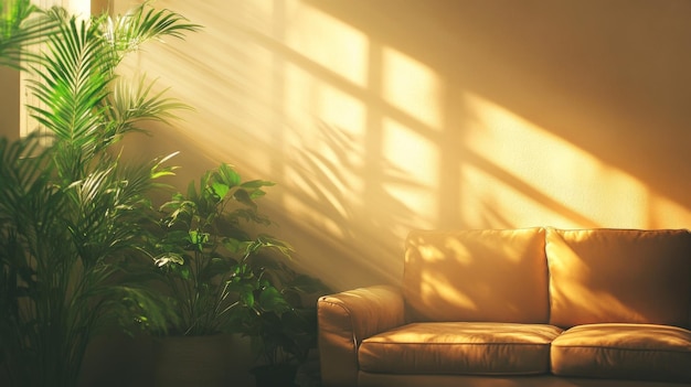 Photo sunlit room with plants and cozy couch