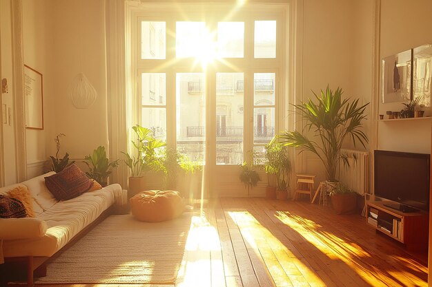 Photo a sunlit room with a window and a plant in the foreground