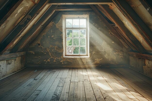 Sunlit Rustic Attic with Vintage Wooden Flooring and Single Window Illuminating Dusty Interior Space