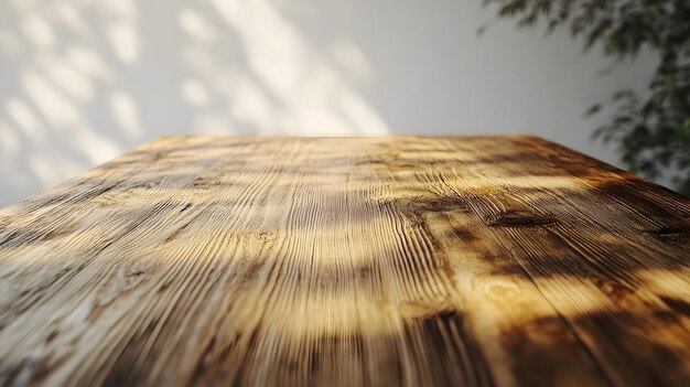 Photo sunlit rustic wooden table with soft shadows