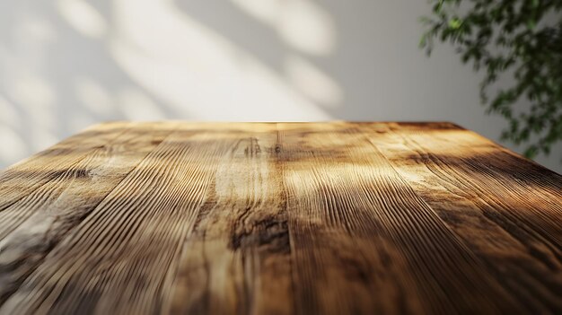 Photo sunlit rustic wooden table with soft shadows