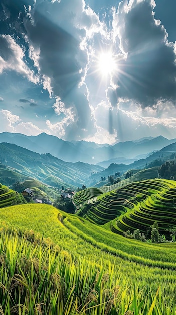 Sunlit scene overlooking China rice plantation bright rich color professional photo