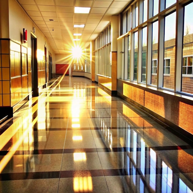 Sunlit School Hallway With Reflections Shiny Floor