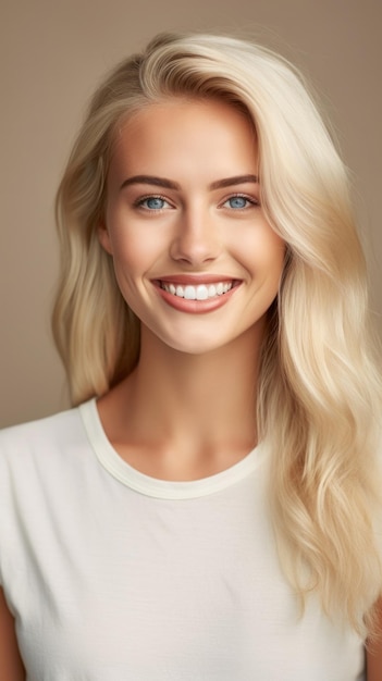 Sunlit Smile Radiant Blonde Woman with Beaming White Teeth on Pastel BeigexA