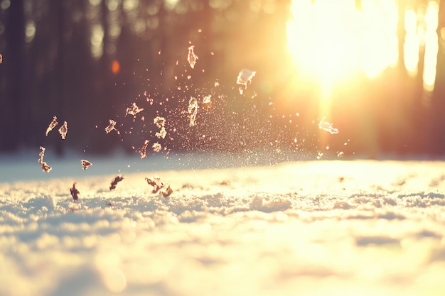 Photo sunlit snowflakes dancing in golden light at winter sunrise