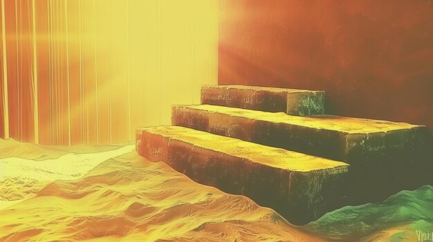 A sunlit staircase emerging from sandy terrain evoking a sense of mystery and exploration