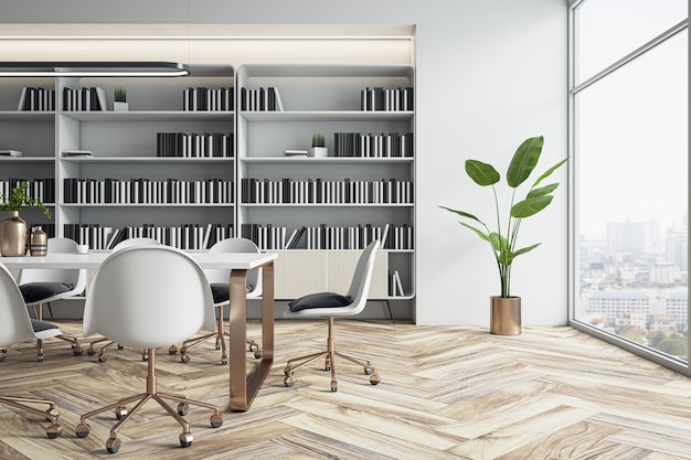 Sunlit stylish meeting room interior design with modern white table and chairs on golden legs wooden floor and light wall background with monochrome bookshelf and city view background 3D rendering