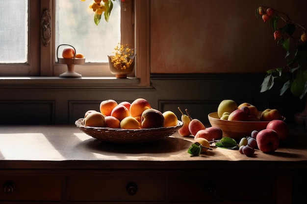 A sunlit summer room with a wooden table adorned with seasonal fruits