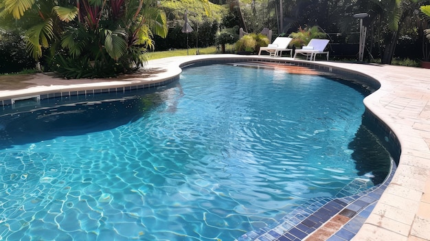 A sunlit swimming pool with crystal clear water reflecting a pristine day surrounded by lush greenery and poolside chairs inviting relaxation