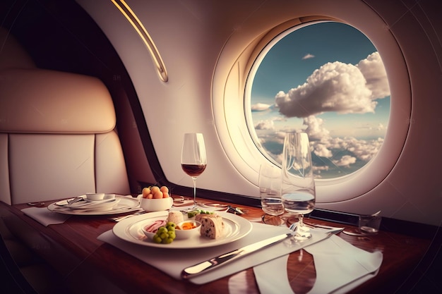 Sunlit Tables Booze Cutlery and InFlight Dining with a View of the Clouds from a Modern Business Jet Interior Generative AI