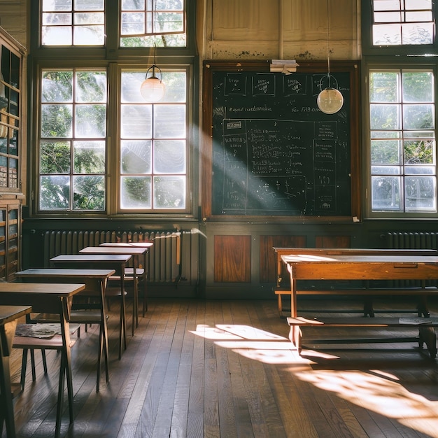 Sunlit Traditional Classroom with Desks and Chalkboard