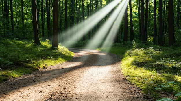 Photo sunlit trail meandering through vibrant green forest with soft rays of light piercing the canopy cre