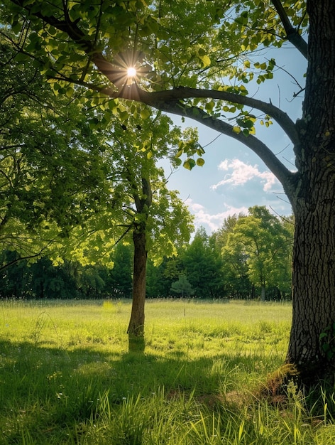 Sunlit Tranquil Meadow with Lush Green Trees