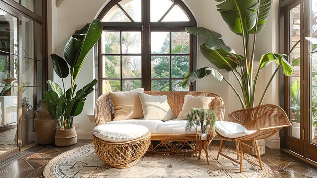 Photo sunlit tropical living room with lush indoor plants and wicker furniture biophilic design