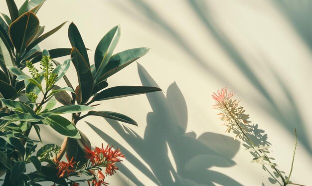 Photo sunlit tropical plants casting shadows on a white wall background