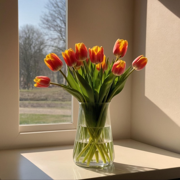 Photo sunlit tulips in a glass vase