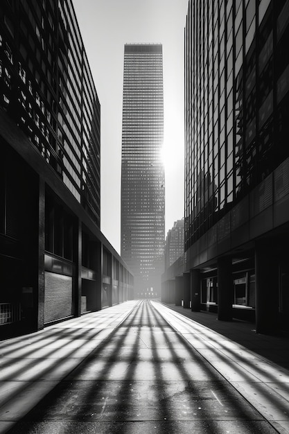 Sunlit Urban Alleyway with Modern Skyscraper in Black and White