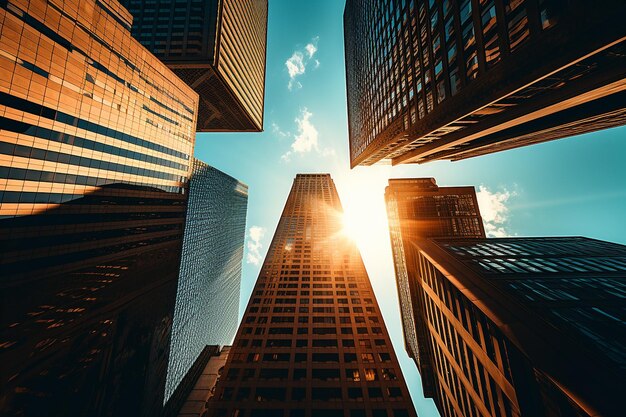 Sunlit urban skyline with skyscrapers