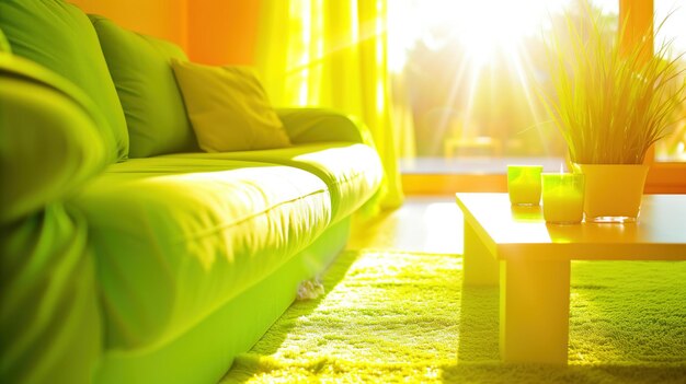 Photo sunlit vibrant living room interior with green sofa yellow decor and fresh houseplants