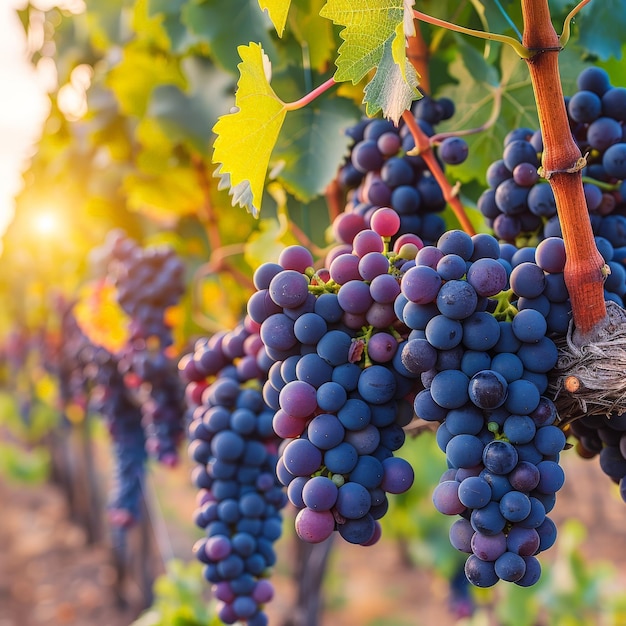 Sunlit Vineyard with Clusters of Ripe Grapes