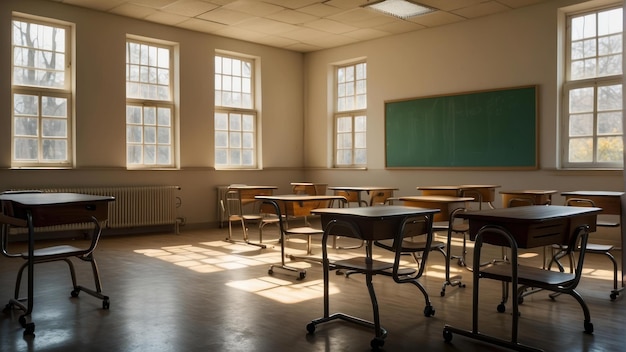 Sunlit vintage classroom with wooden desks