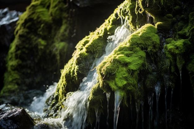 Sunlit water flowing over a mossy rock formation