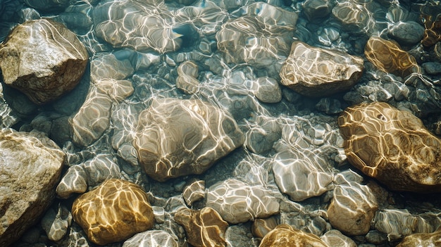 Sunlit Water Reflecting on River Rocks