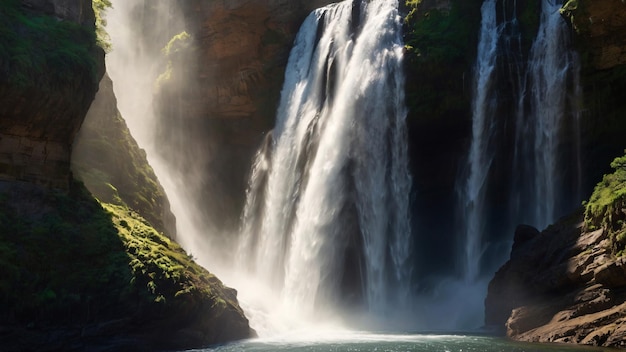 Sunlit waterfall in a dramatic gorge