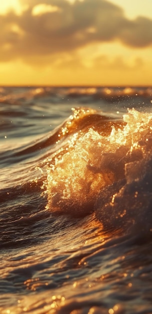 Photo sunlit waves gently crash at the shore during sunset over a tranquil ocean