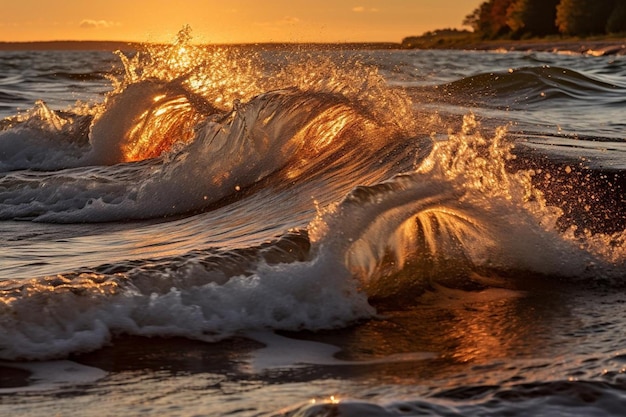 Photo sunlit waves rolling onto the shore