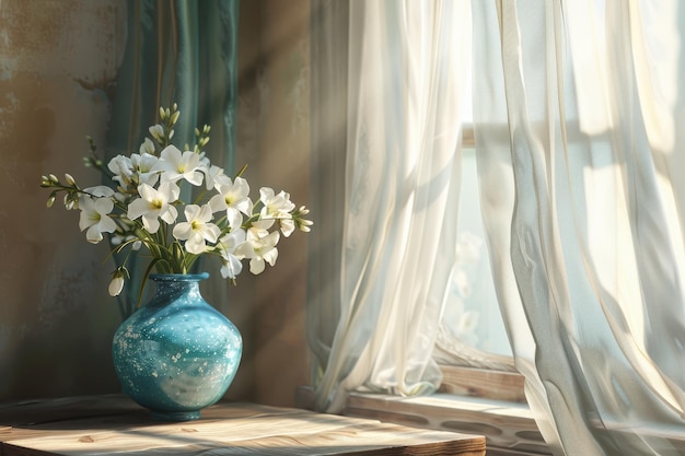 Sunlit White Flowers in Blue Vase by Rustic Window