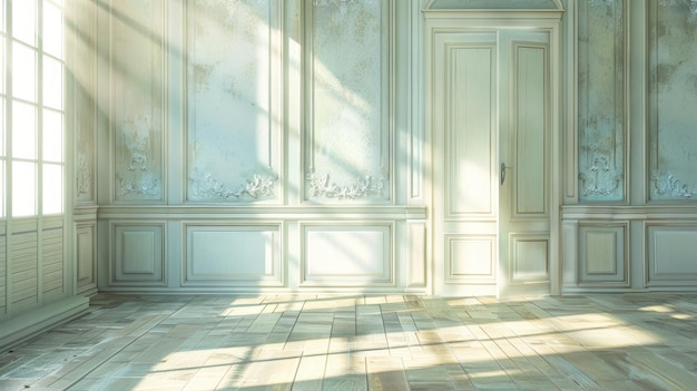 A sunlit white room with a door and window emphasizing spaciousn