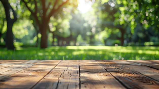 Sunlit Wooden Deck Overlooking a Lush Green Park with Trees and Soft Focus Background