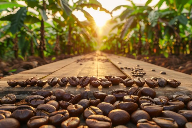 Sunlit Wooden Path Lined with Fresh Coffee Beans amid Lush Plantation at Sunrise