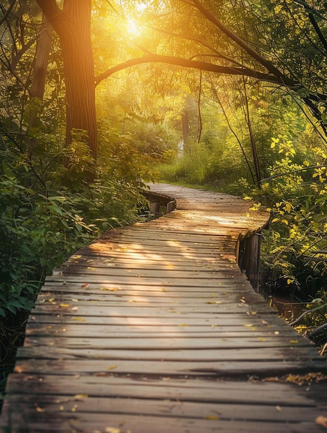 Sunlit Wooden Pathway Through Lush Forest