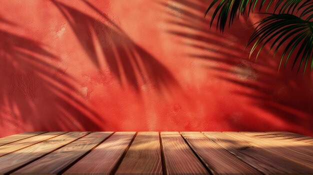 Photo sunlit wooden surface with palm tree shadows cast on a bright red background