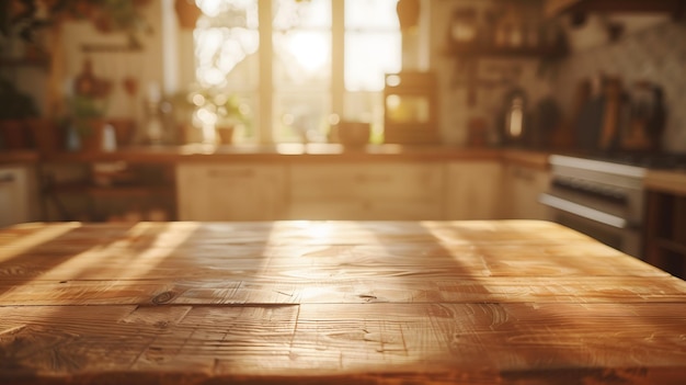 Sunlit Wooden Table in a Cozy Cafe Setting