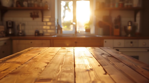 Sunlit Wooden Table in a Cozy Cafe Setting