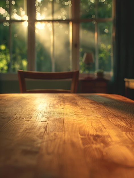 Sunlit Wooden Table in Cozy Room with Warm Natural Light Streaming Through Window at Dawn