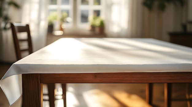 Sunlit Wooden Table with White Tablecloth Cozy Dining Room Setting