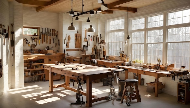 Photo sunlit woodworking workshop with robust wooden workbenches and tools