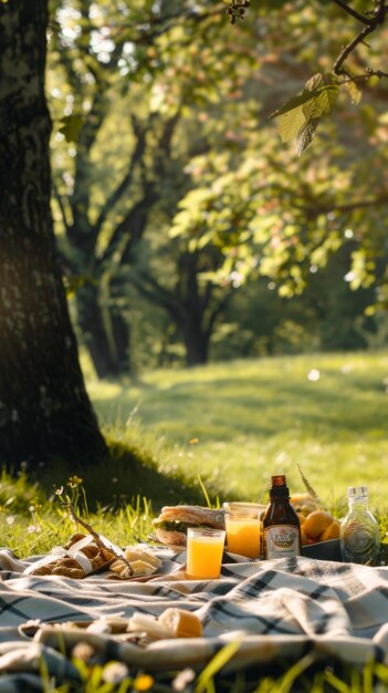 Photo a sunny afternoon picnic under the trees with tasty treats and refreshing drinks in the park